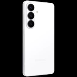 Samsung Galaxy S26 5G blanco con triple cámara trasera alineada verticalmente, acabado brillante y bordes planos de aluminio; diseño elegante y minimalista