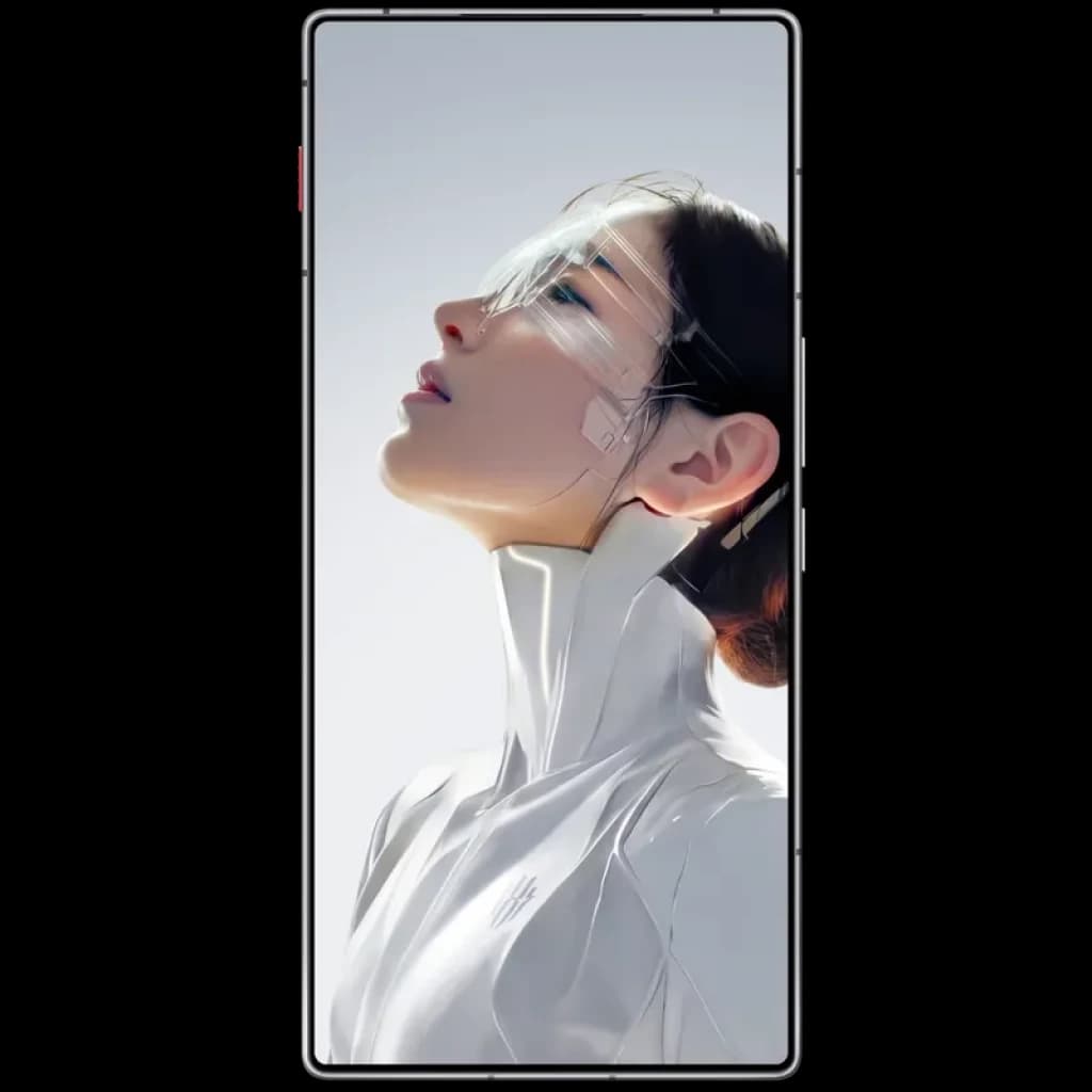 Ecrã AMOLED 6,85 pol do Nubia Redmagic 11 Air 5G com molduras finas, câmara frontal discreta e imagem futurista ocupando toda a frente do smartphone