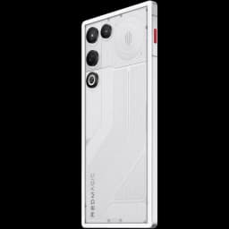 Nubia Redmagic 11 Air 5G em branco prismático, traseira translúcida, três câmeras grandes, módulo circular decorativo, botão lateral vermelho, design