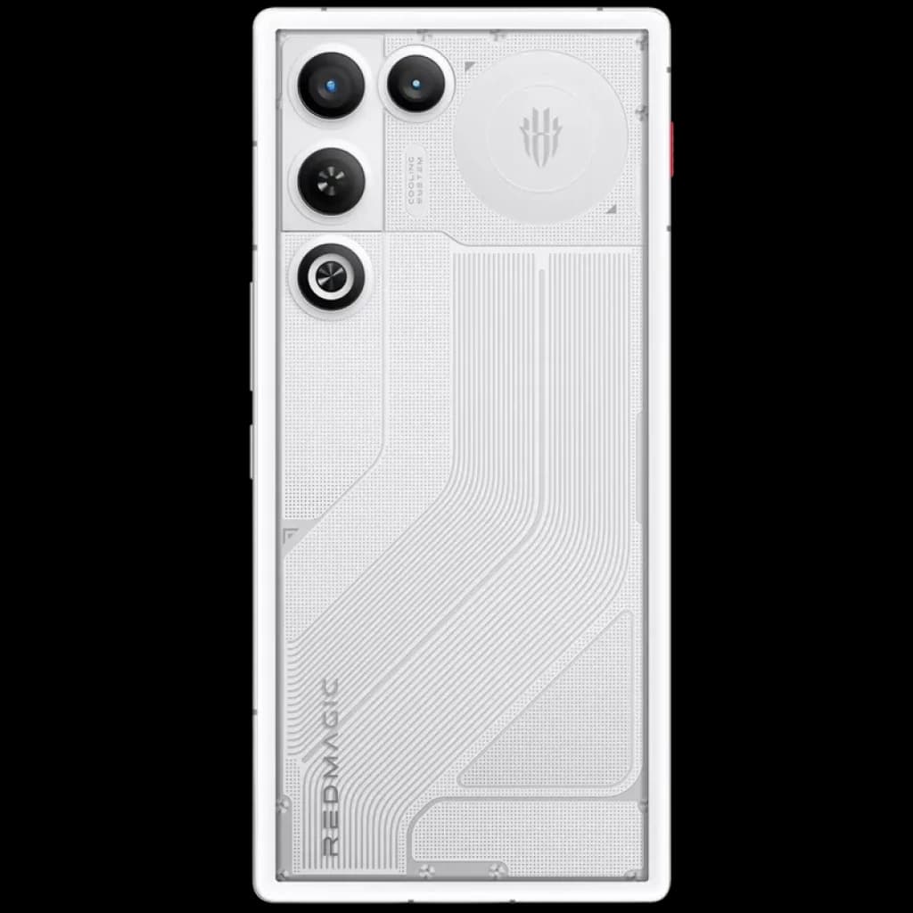 Traseira do Nubia Redmagic 11 Air 5G em prism branco com tampa translúcida, três câmeras grandes alinhadas, flash circular e logotipo Redmagic centralizado