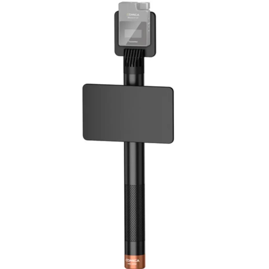 Émetteur UHF portable Comica HR-WM avec capsule supercardioïde, écran intégré, antenne discrète, tige noire antidérapante et accent cuivre élégant