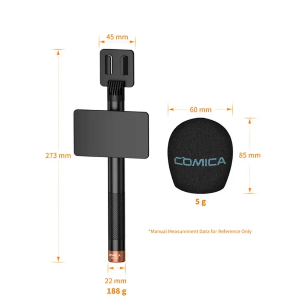 Émetteur UHF portable Comica HR-WM avec capsule supercardioïde, bonnette Comica 85x60 mm 5 g, perche 273 mm, poignée 22 mm, support 45 mm, poids total 188 g