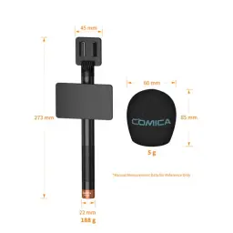 Émetteur UHF portable Comica HR-WM avec capsule supercardioïde, bonnette Comica 85x60 mm 5 g, perche 273 mm, poignée 22 mm, support 45 mm, poids total 188 g