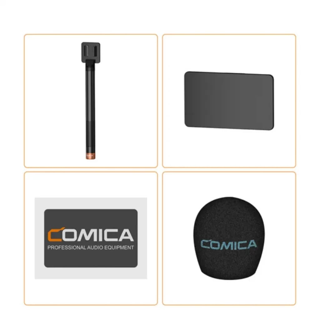 Émetteur UHF portable Comica HR-WM avec capsule supercardioïde, antenne allongée noire, écran de contrôle, étiquette de marque et bonnette anti-vent
