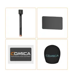 Émetteur UHF portable Comica HR-WM avec capsule supercardioïde, antenne allongée noire, écran de contrôle, étiquette de marque et bonnette anti-vent