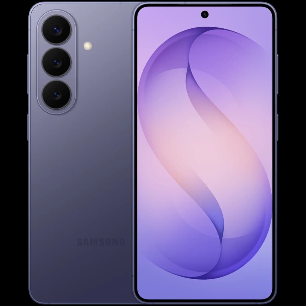 Samsung Galaxy S26+ 5G violeta cobalto con triple cámara trasera vertical, pantalla AMOLED casi sin bordes y botón lateral; diseño elegante y delgado