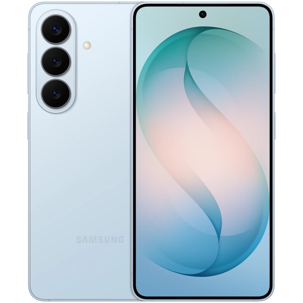 Samsung Galaxy S26+ 5G bleu, écran 6,3 pouces bord à bord avec poinçon central, triple caméra arrière alignée, bords fins et design épuré - Ítem