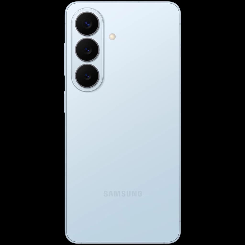 Samsung Galaxy S26+ 5G azul cielo con triple cámara trasera vertical y acabado mate, bordes rectos y módulo de lentes sobresalientes en color negro