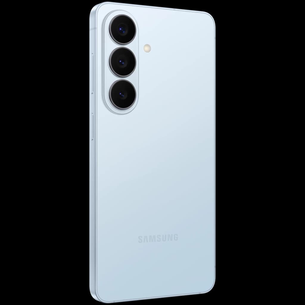 Samsung Galaxy S26+ 5G azul cielo con triple cámara trasera vertical, bordes planos metálicos y acabado mate elegante