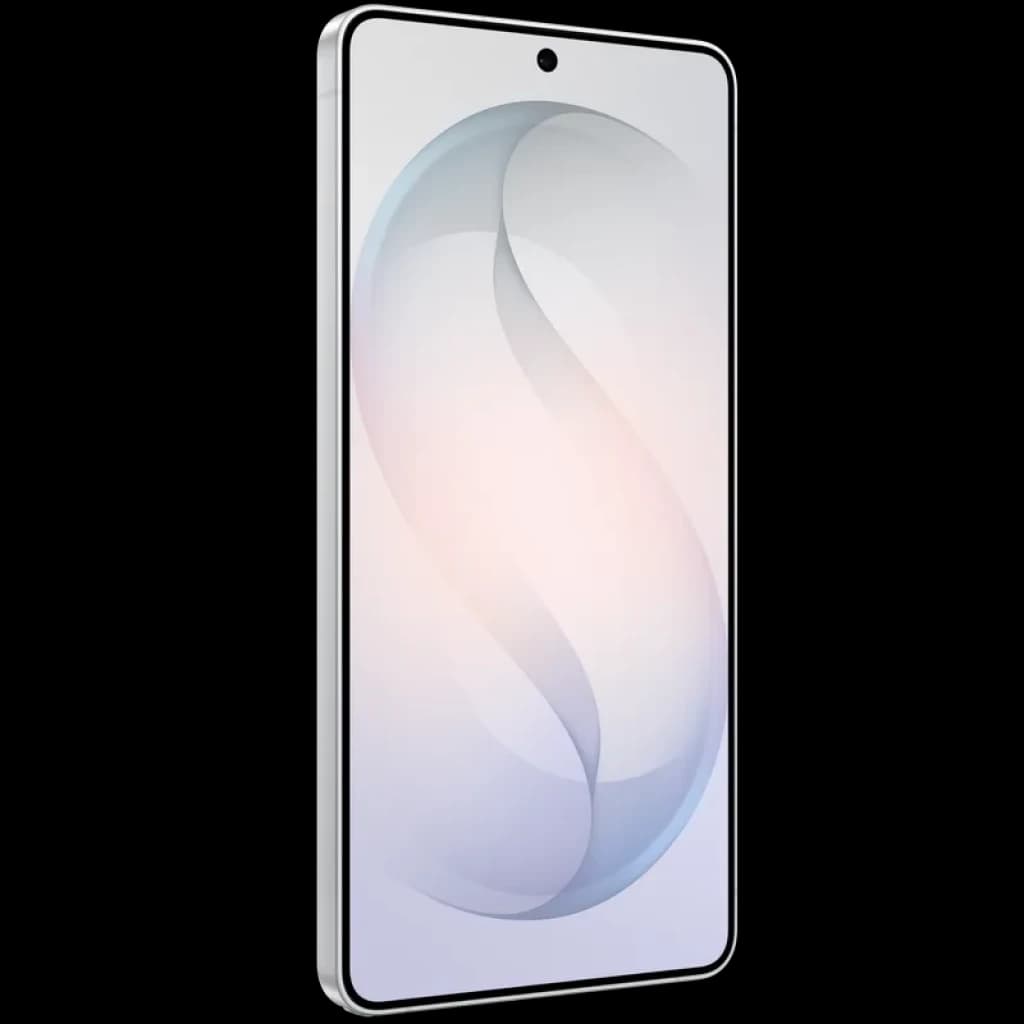 Smartphone blanc avec écran bord à bord, poinçon centré, bords fins et reflets nacrés en S; design épuré et premium, façade verre lisse