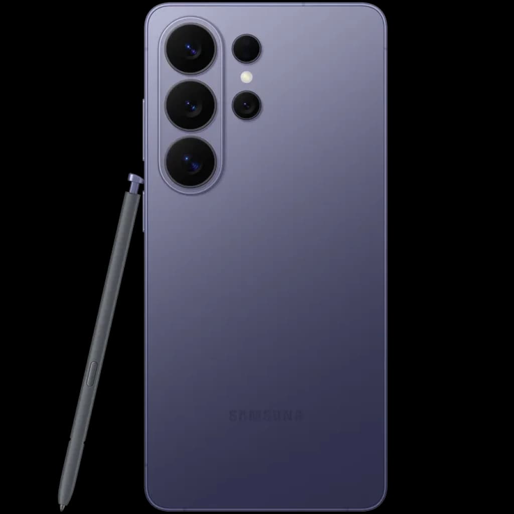 Dos violet cobalt mat avec module triple caméra pro et capteur périscopique, flash double ton et stylet S Pen assorti posé sur le côté