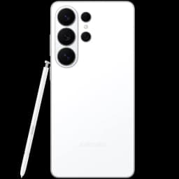Samsung Galaxy S26 Ultra 5G blanc vu de dos avec triple module photo pro, capteurs proéminents et S Pen assorti élégant à côté du châssis brillant