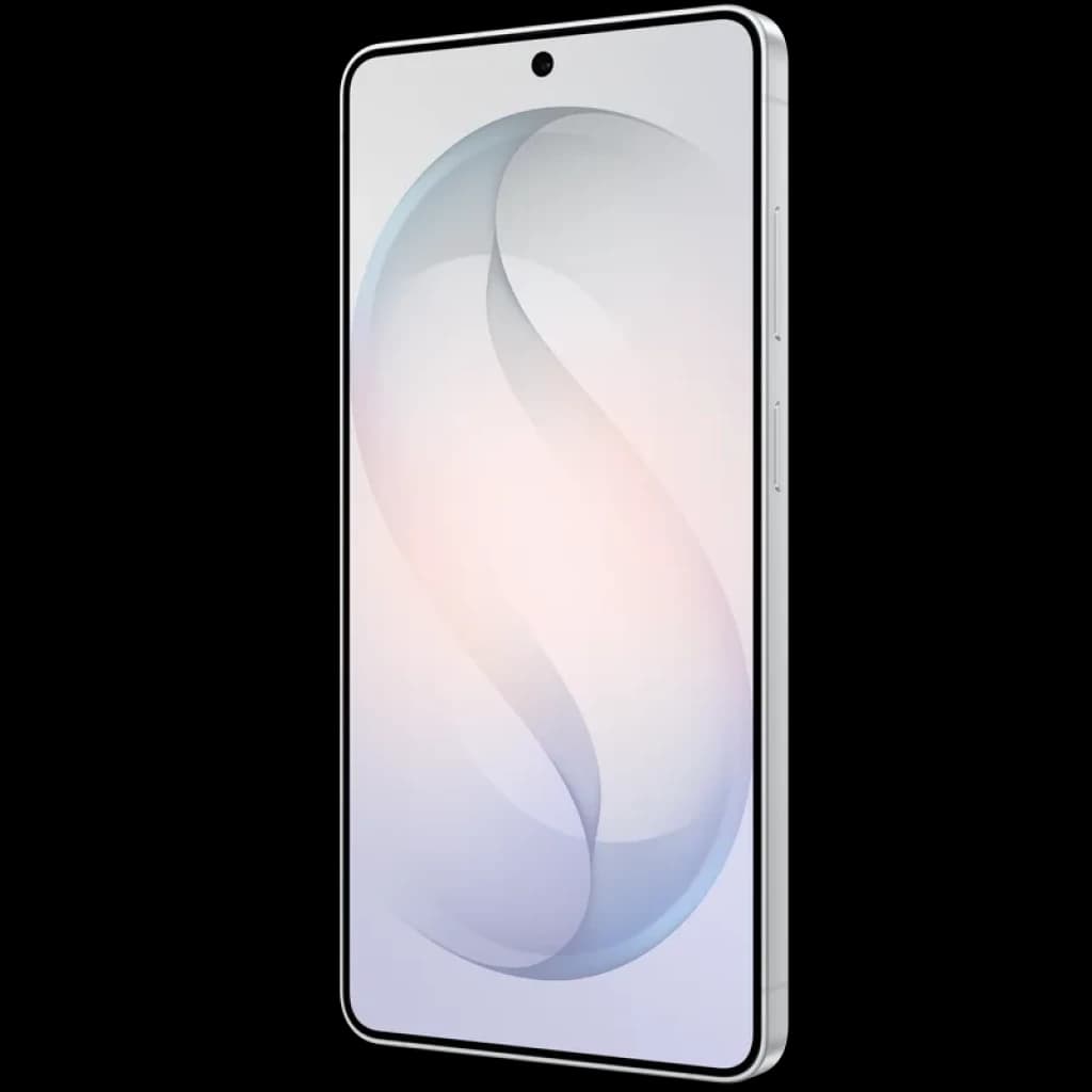 Smartphone branco com ecrã amplo sem bordas, furo central para câmara frontal, laterais metálicas prateadas e vidro Corning Gorilla Armor 2 brilhante