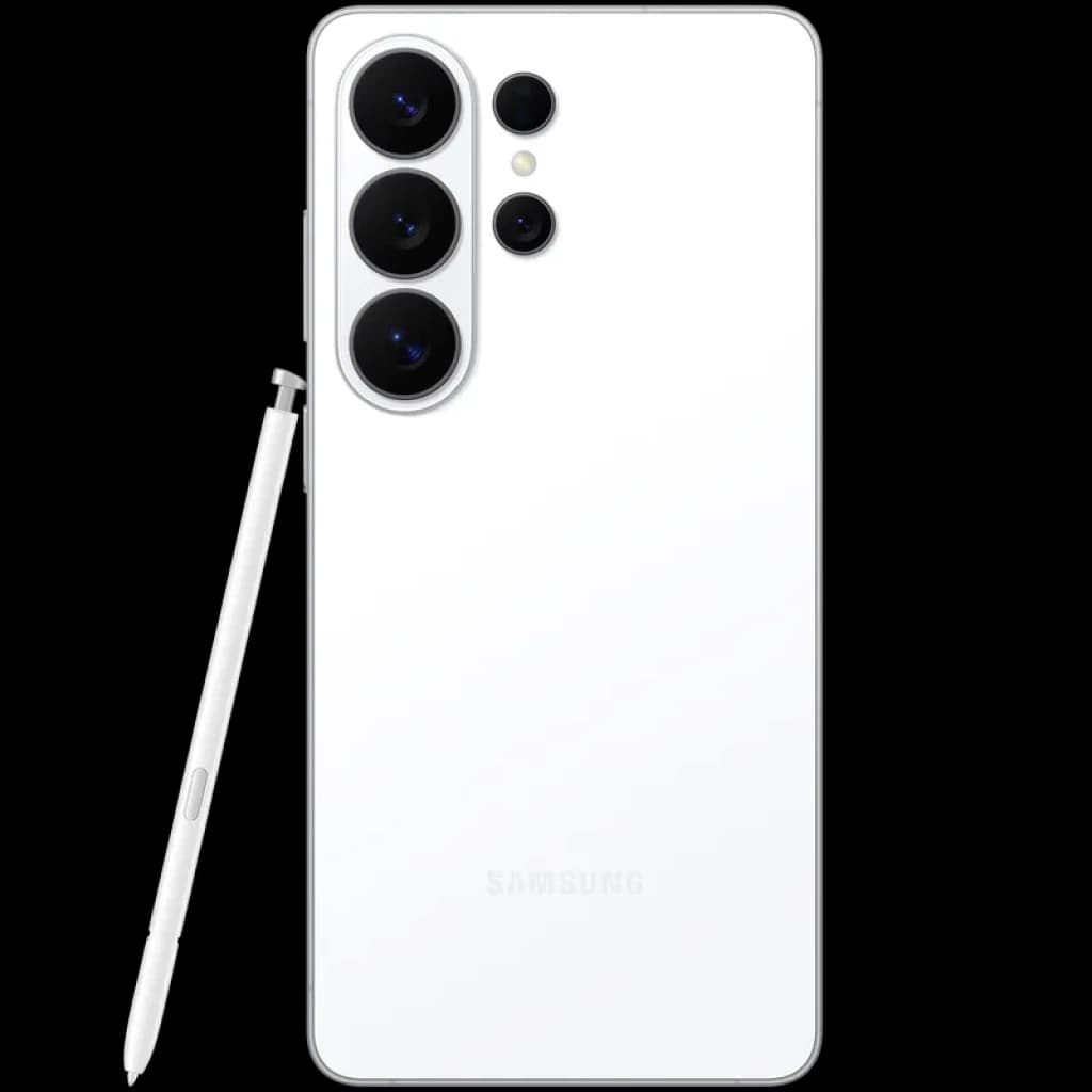 Samsung Galaxy S26 Ultra 5G blanc avec S Pen, triple grand module photo arrière pro, finition mate élégante, logo discret, bordures arrondies