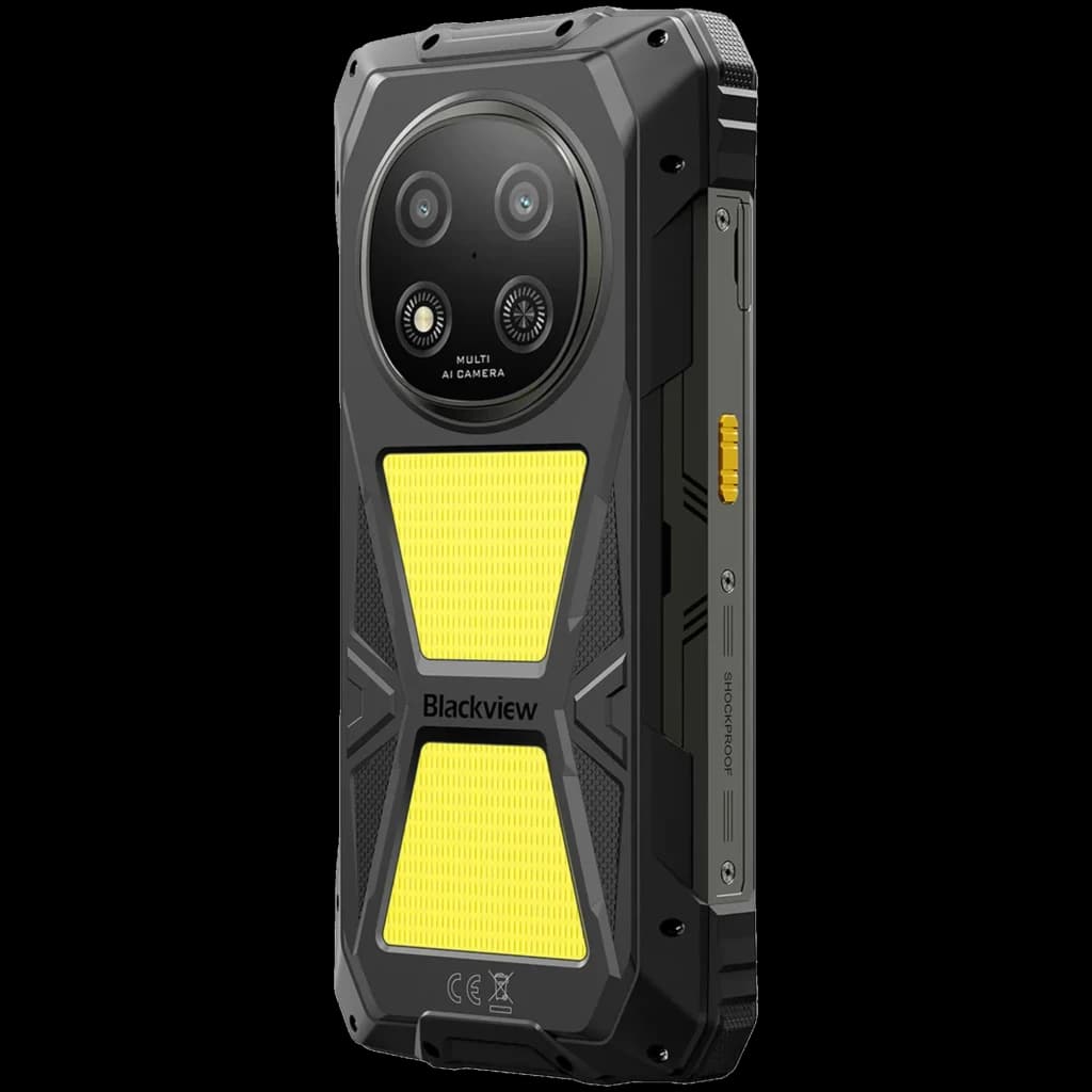 Blackview Rock 2 Pro negro rugerizado con panel trasero amarillo antideslizante, doble cámara trasera de 13 Mpx y cuerpo robusto con bordes reforzados