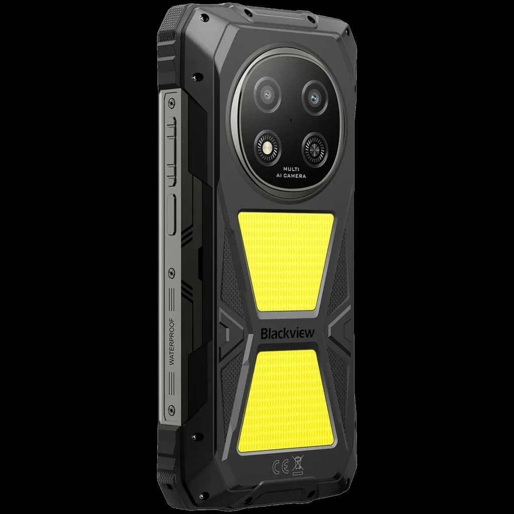 Smartphone rugerizado Blackview Rock 2 Pro negro con panel trasero amarillo, doble cámara trasera de 13 Mpx en módulo circular y bordes reforzados