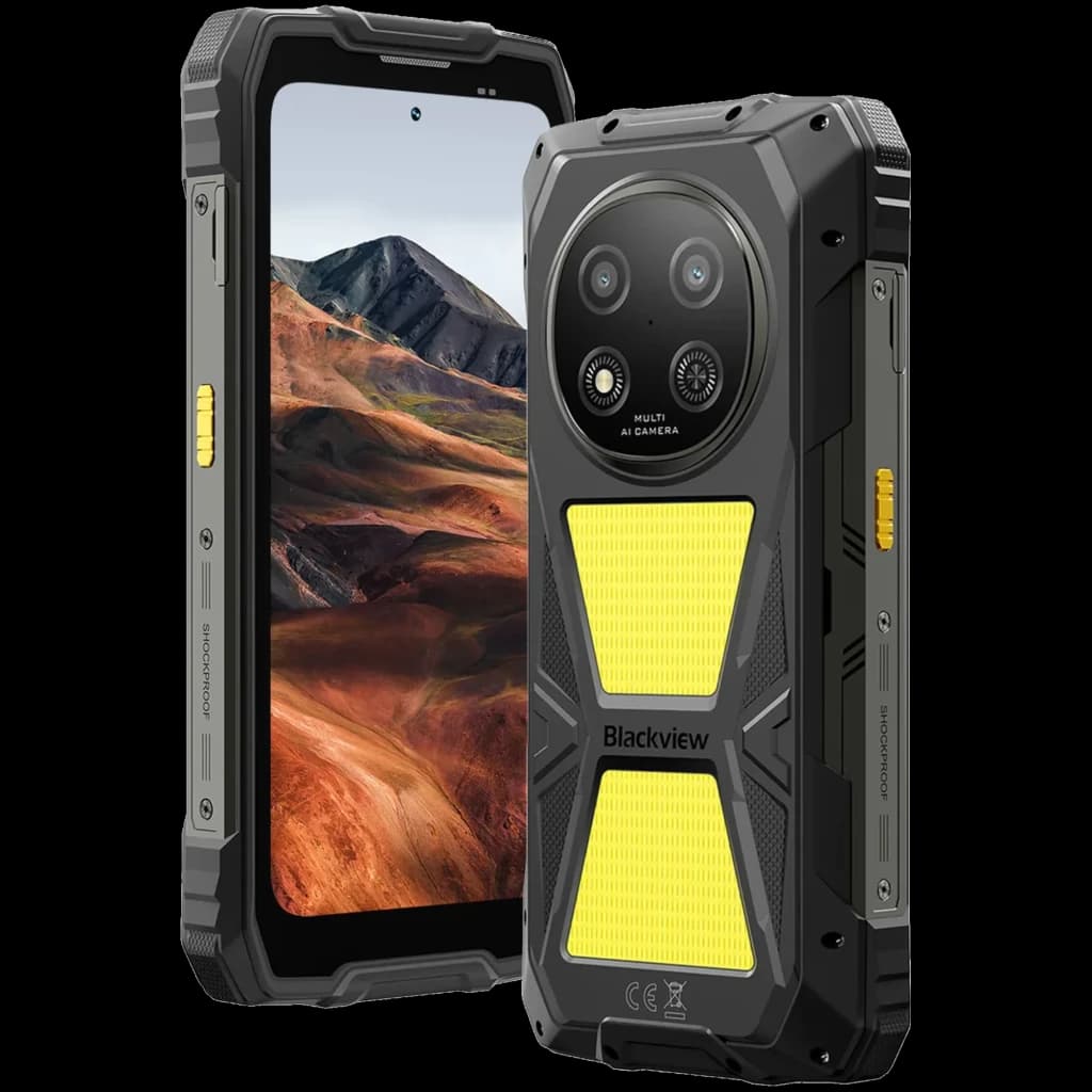 Blackview Rock 2 Pro 256GB negro, móvil rugerizado con marco robusto, textura amarilla antideslizante, doble cámara trasera circular 13 MP y pantalla amplia