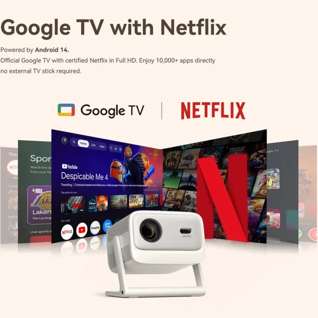 Wanbo Vali 1 Pro: proyector portátil blanco con soporte abatible, lente frontal prominente y compatibilidad Google TV y Netflix en pantalla