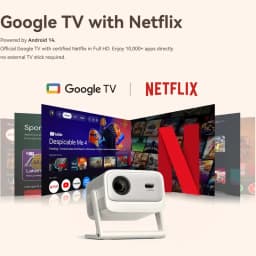 Wanbo Vali 1 Pro: proyector portátil blanco con soporte abatible, lente frontal prominente y compatibilidad Google TV y Netflix en pantalla