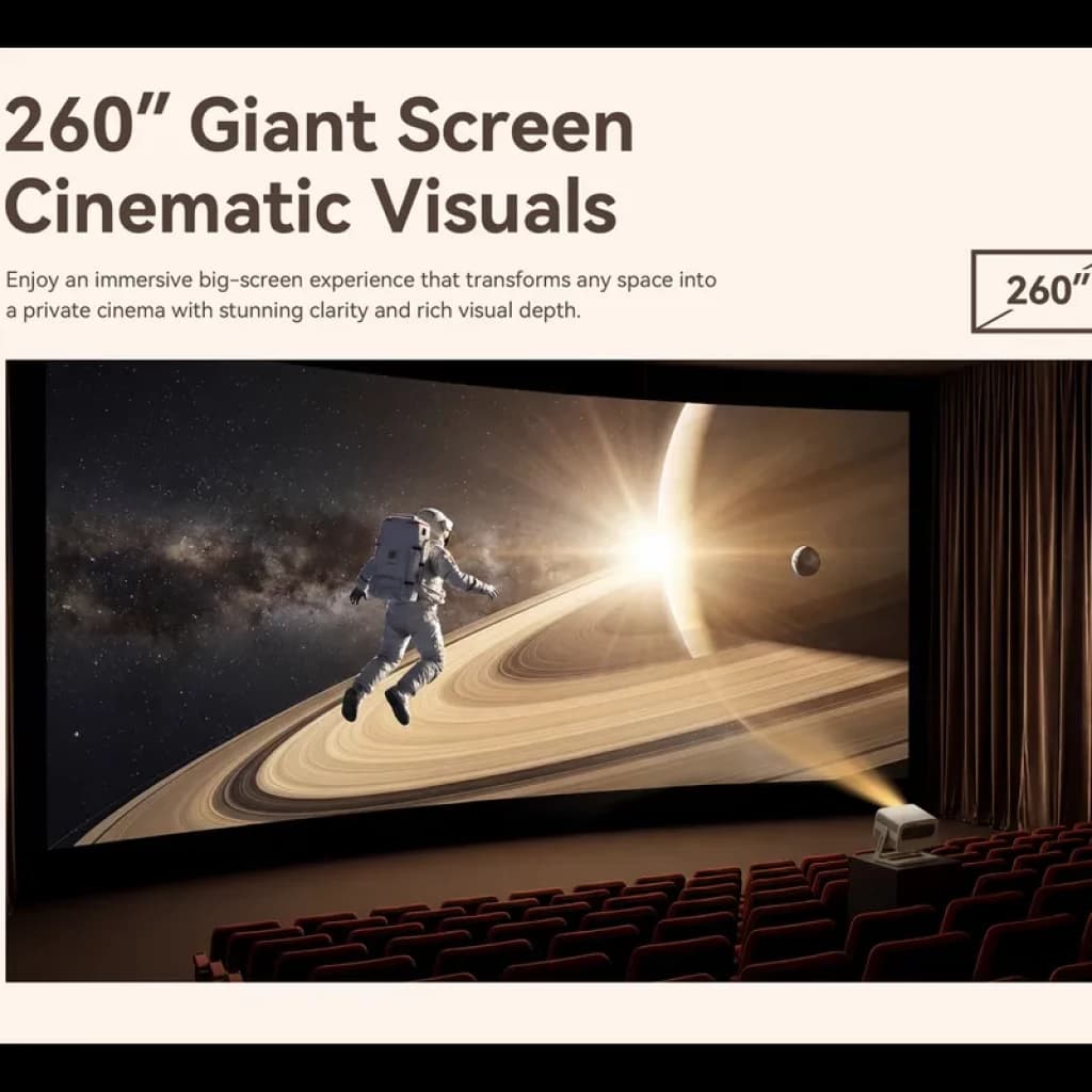 Wanbo Vali 1 Pro proyecta imagen gigante de 260 pulgadas en sala oscura; proyector portátil ilumina pantalla con astronauta y planeta, contraste y nitidez cine