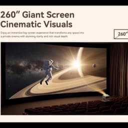 Wanbo Vali 1 Pro proyecta imagen gigante de 260 pulgadas en sala oscura; proyector portátil ilumina pantalla con astronauta y planeta, contraste y nitidez cine