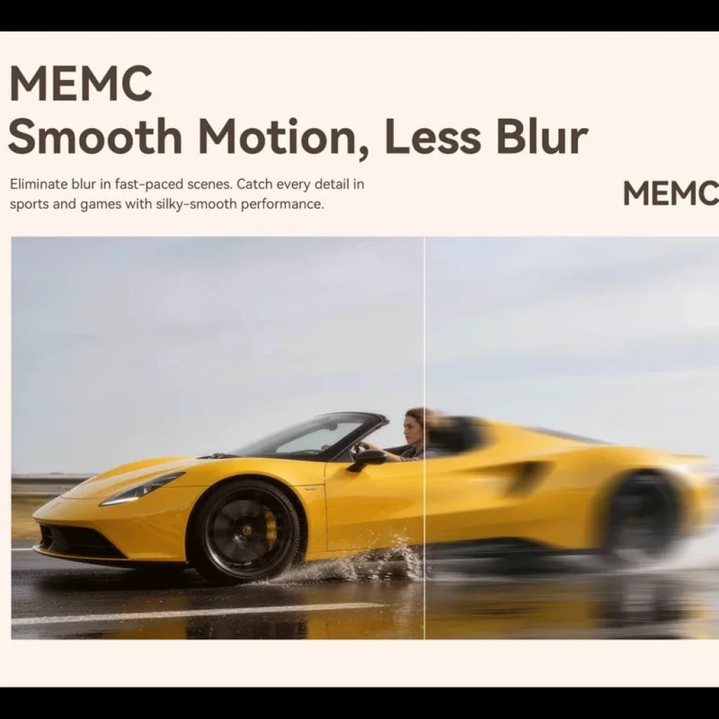 Wanbo Vali 1 Pro 900 lúmenes ANSI con MEMC: movimiento fluido y menos desenfoque. Comparativa lado a lado muestra imagen nítida vs borrosa en escena rápida