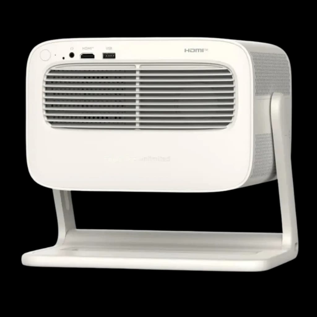 Wanbo Vali 1 Pro 900 lúmenes ANSI, proyector portátil blanco con rejilla frontal amplia, controles superiores, puertos HDMI y USB, base metálica ajustable