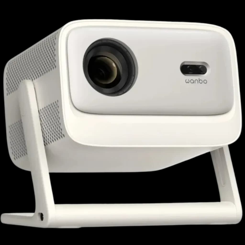 Proyector portátil Wanbo Vali 1 Pro blanco con soporte integrado, lente frontal grande, rejillas laterales de ventilación y diseño compacto moderno