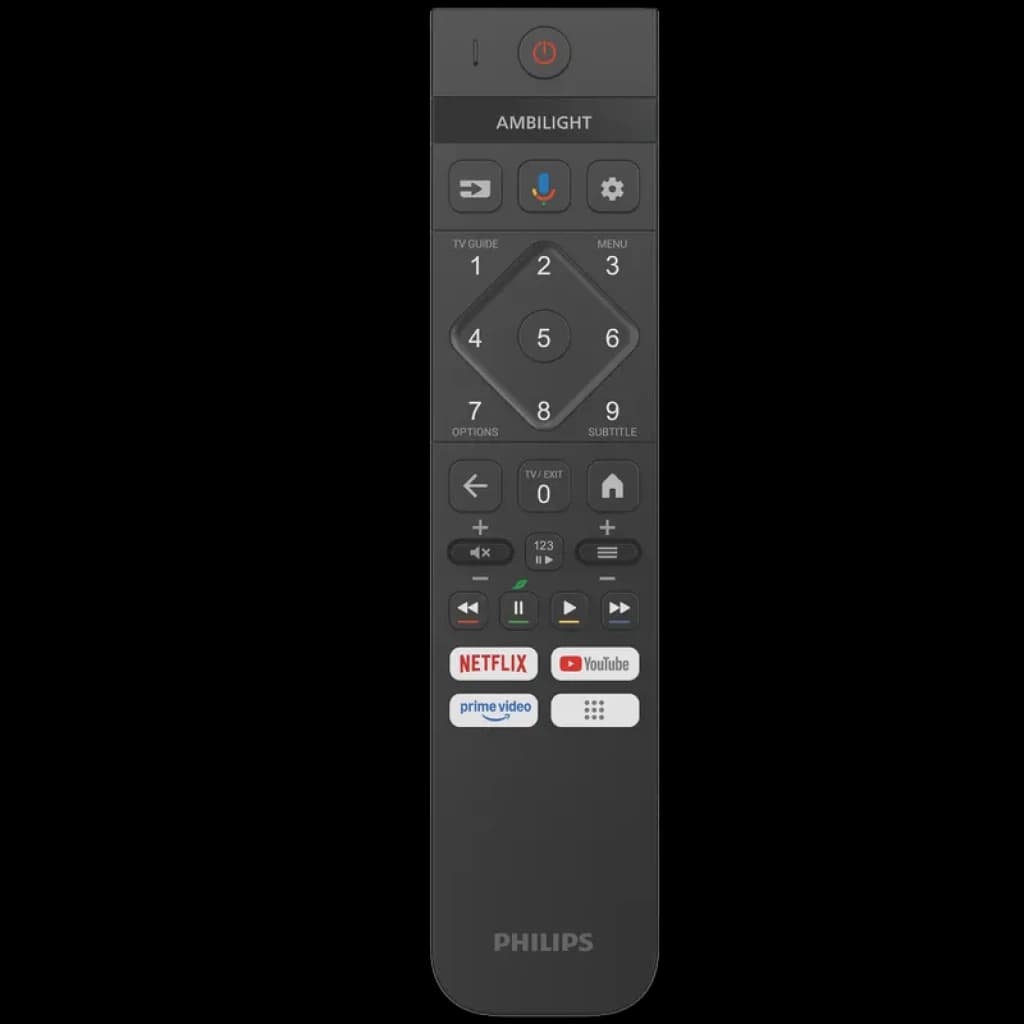 Mando a distancia Philips negro con teclas numéricas, control de volumen y navegación, accesos directos a Netflix, YouTube y Prime Video, botón Ambilight