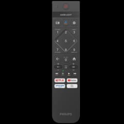 Mando a distancia Philips negro con teclas numéricas, control de volumen y navegación, accesos directos a Netflix, YouTube y Prime Video, botón Ambilight