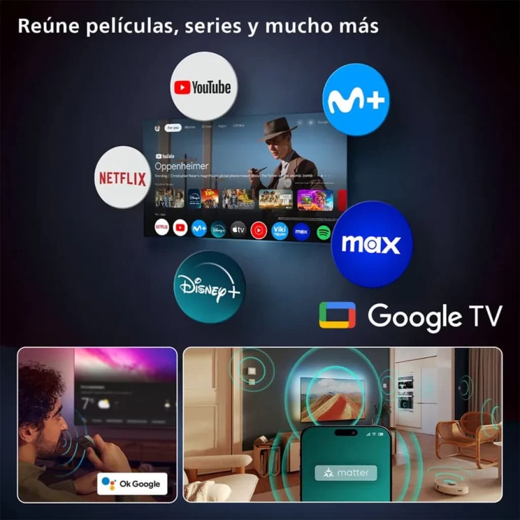 Philips 55OLED820 55 pulgadas con Google TV muestra interfaz de apps como Netflix, YouTube y Disney+. Ambilight iluminando pared y control por voz Ok Google