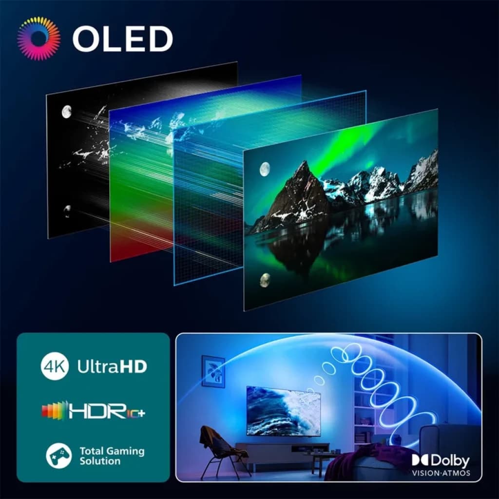 Philips 55OLED820 55 pulgadas OLED 4K con Ambilight, panel delgado sin bordes, colores vibrantes, HDR10+, Dolby Vision Atmos y diseño elegante para salón