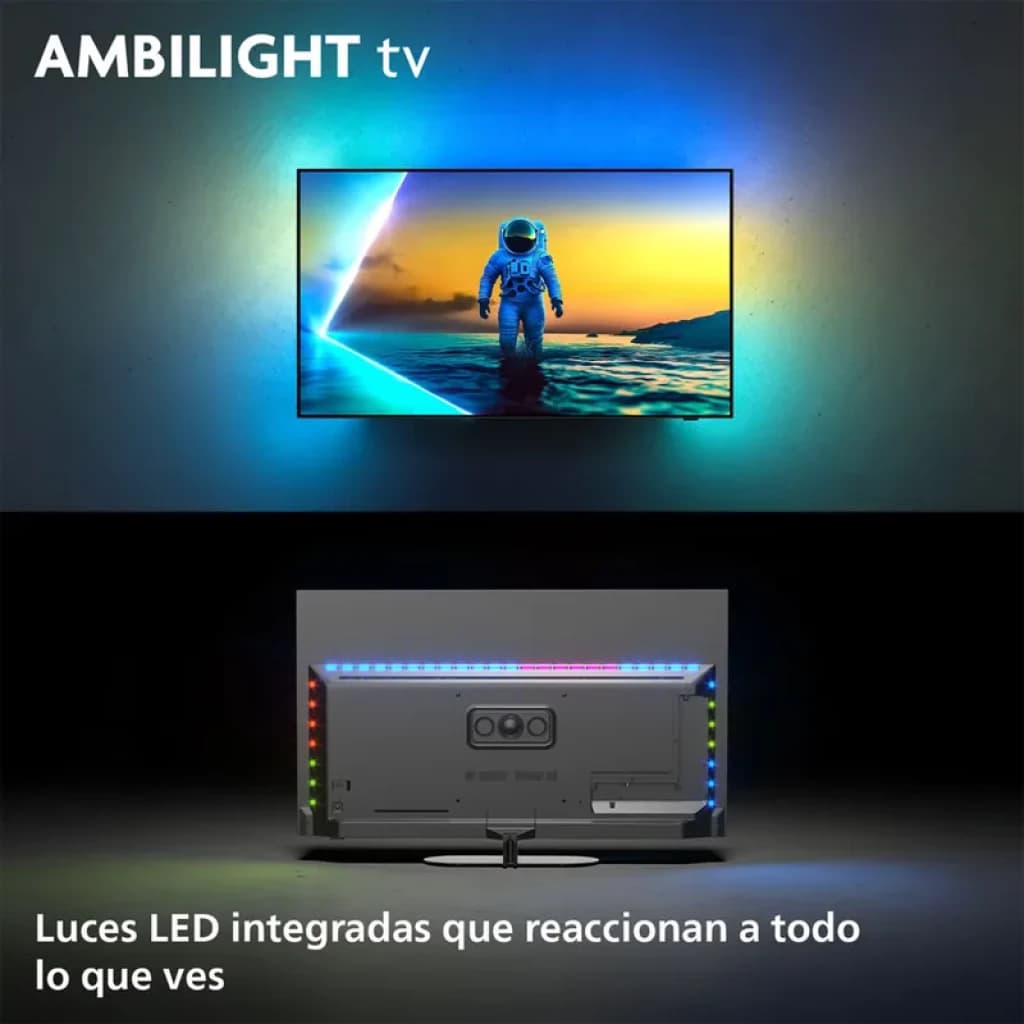 Philips 55OLED820 55 pulgadas 4K OLED con Ambilight envolvente, panel fino y biseles mínimos; trasera con tiras LED integradas que reaccionan al contenido