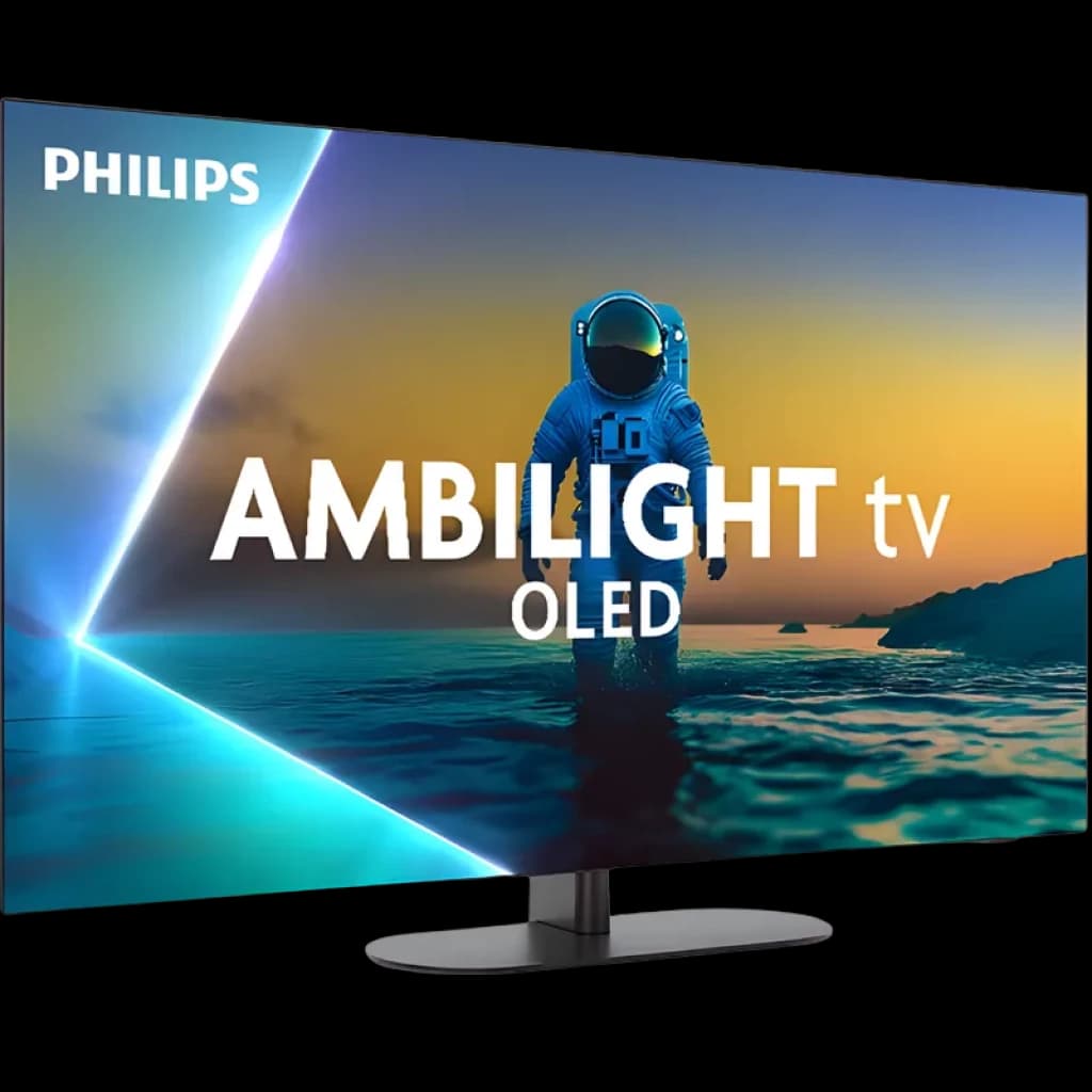Philips 55OLED820 55 pulgadas con marco fino, panel OLED ultradelgado, peana central metálica y efecto Ambilight envolvente en los bordes de la pantalla