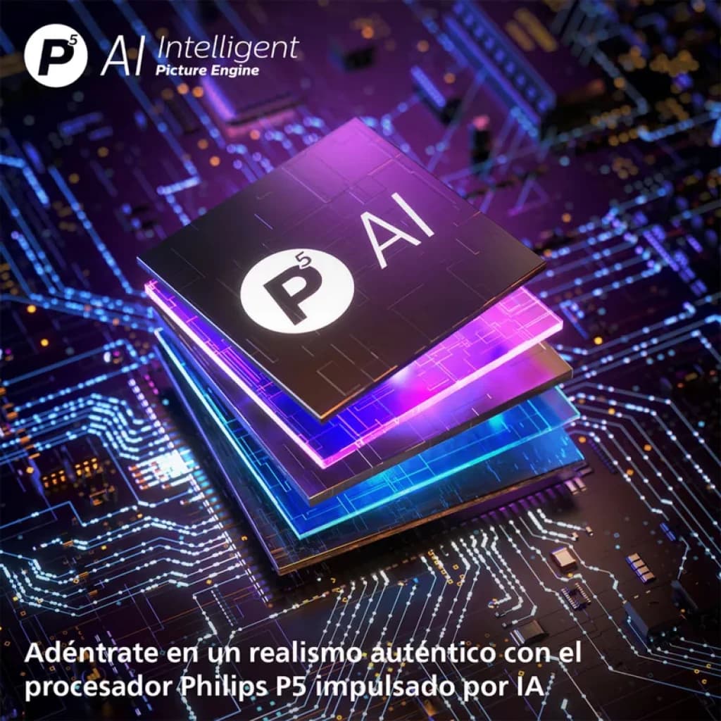 Módulo Philips P5 AI sobre placa electrónica multicolor, capas iluminadas y circuito detallado que simbolizan procesamiento de imagen inteligente y potente