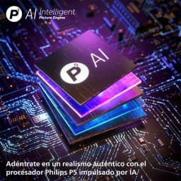 Módulo Philips P5 AI sobre placa electrónica multicolor, capas iluminadas y circuito detallado que simbolizan procesamiento de imagen inteligente y potente