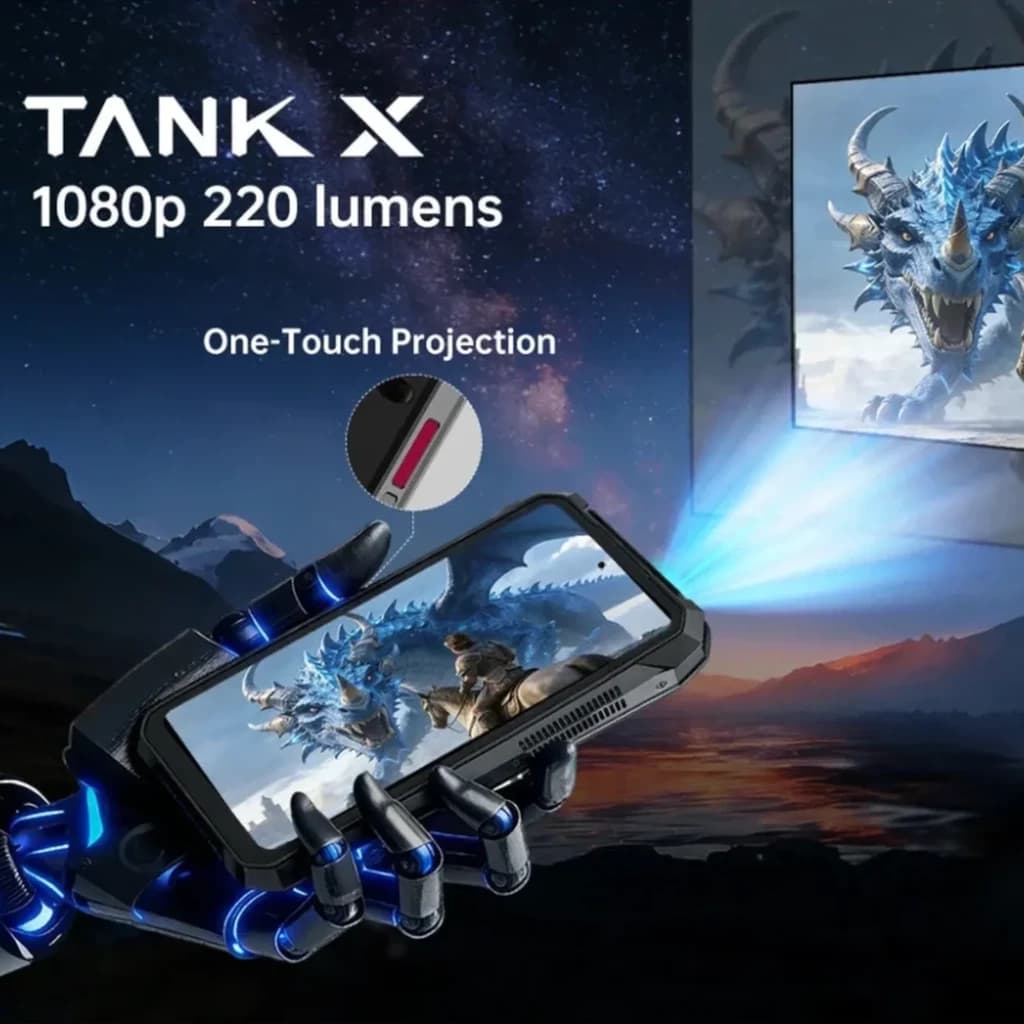 Unihertz 8849 Tank X 5G robuste avec projecteur DLP 1080p 220 lumens, bouton One-Touch Projection, écran affichant un dragon bleu en haute définition