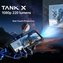 Unihertz 8849 Tank X 5G robuste avec projecteur DLP 1080p 220 lumens, bouton One-Touch Projection, écran affichant un dragon bleu en haute définition