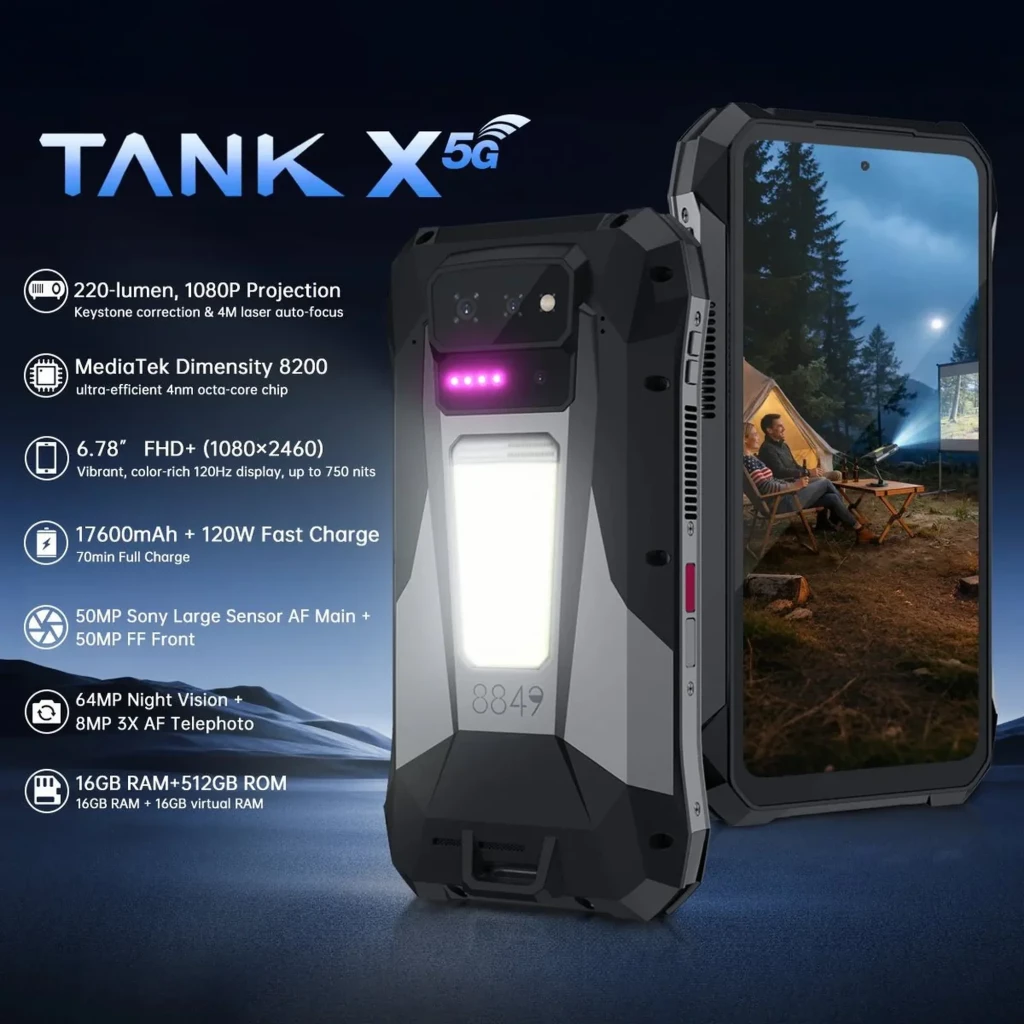 Unihertz 8849 Tank X 5G resistente con proyector DLP 220 lúmenes, pantalla 1080p, linterna trasera, cámara dual, Android 15, 16GB RAM y 512GB almacenamiento - Ítem1