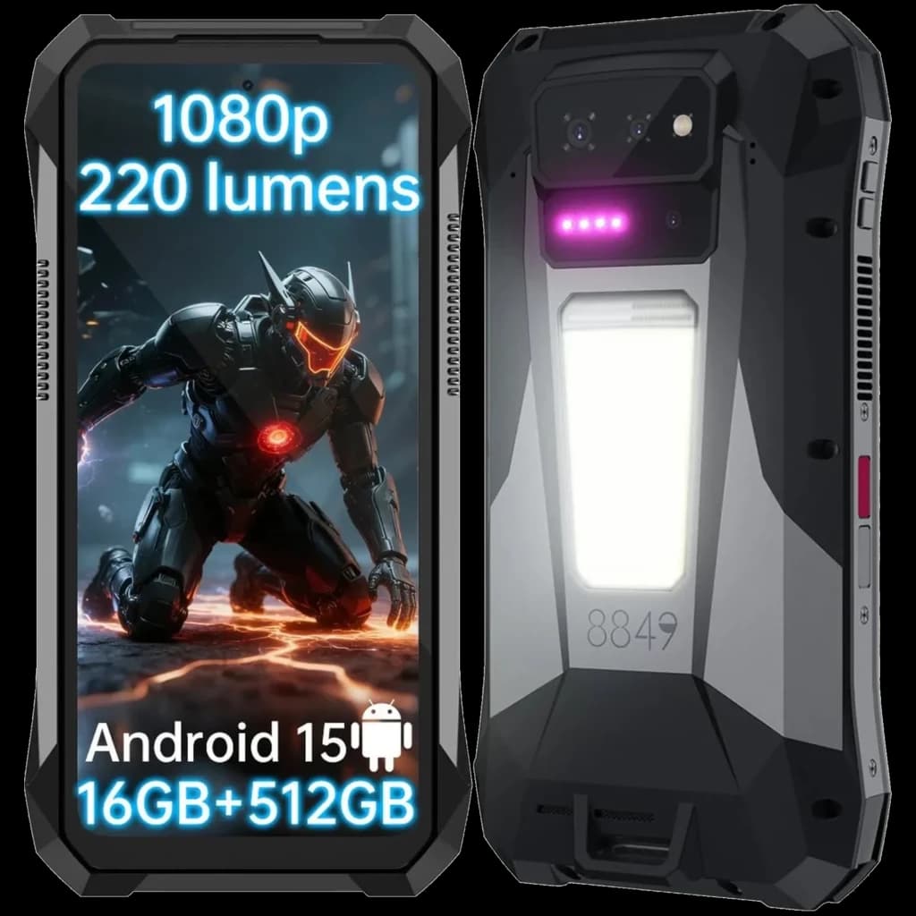 Unihertz 8849 Tank X 5G robuste, écran 1080p, Android 15, 16 Go RAM, 512 Go, projecteur DLP 220 lumens, module LED arrière, design blindé antichoc