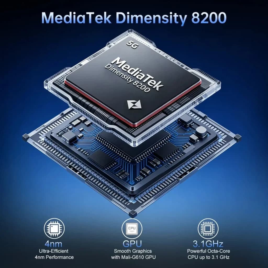 Puce MediaTek Dimensity 8200 5G sur carte mère, gravure 4 nm, CPU octa-core jusquà 3,1 GHz et GPU Mali-G610, design transparent superposé high-tech