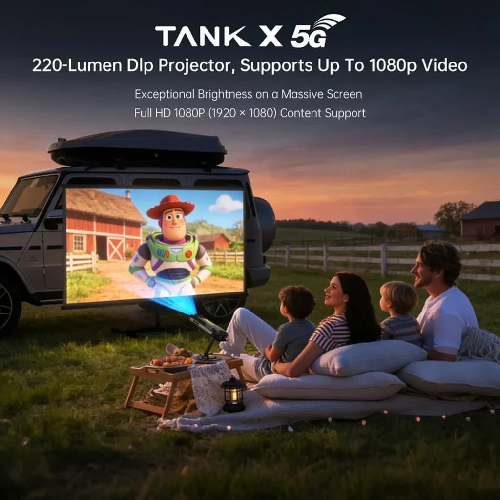 Unihertz 8849 Tank X 5G avec projecteur DLP 220 lumens, projection Full HD 1080p sur grande surface, idéal pour cinéma en plein air depuis un véhicule