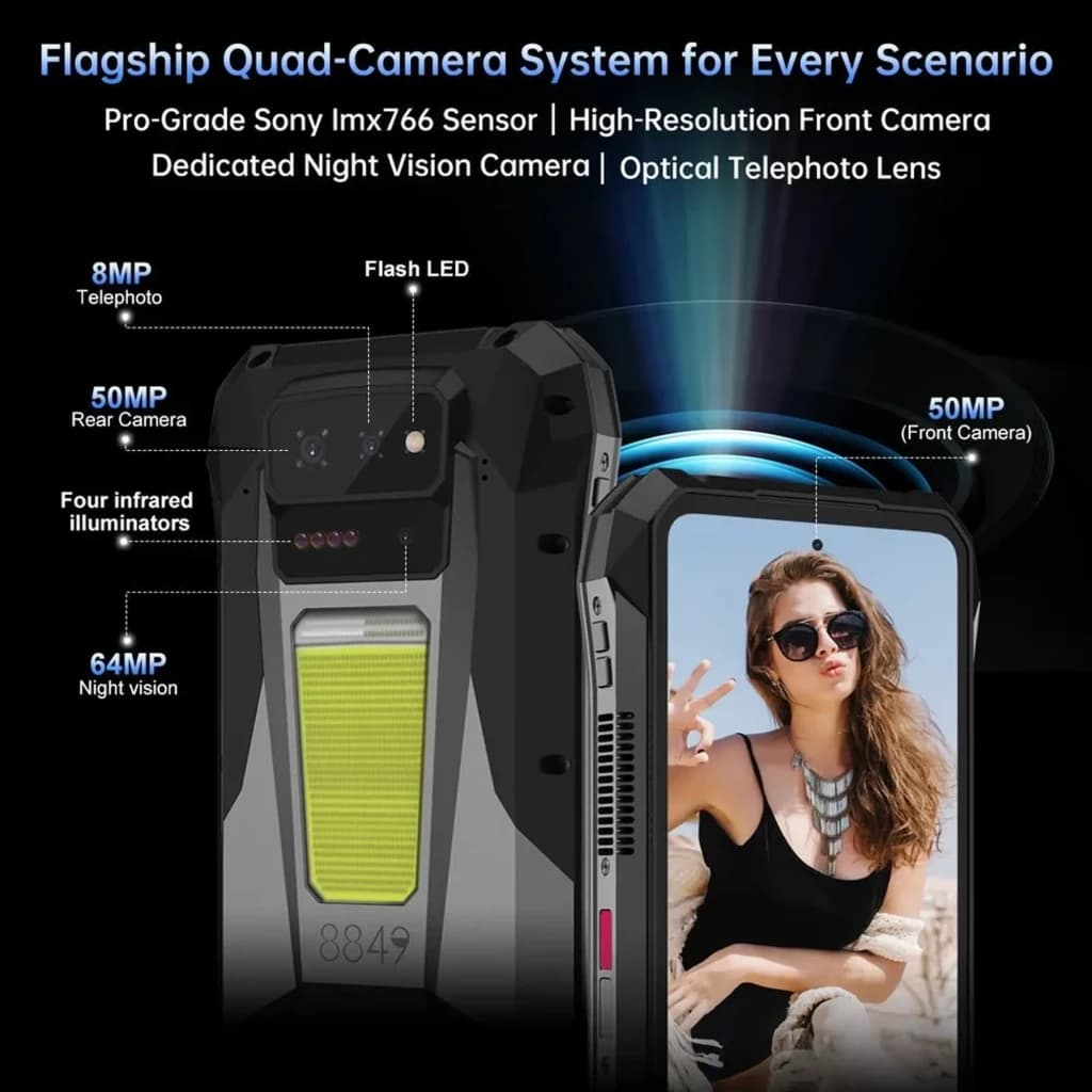 Unihertz 8849 Tank X 5G robuste avec écran perforé, module caméra quad 50 MP, téléobjectif 8 MP, capteur nuit 64 MP, flash LED et projecteur DLP intégré