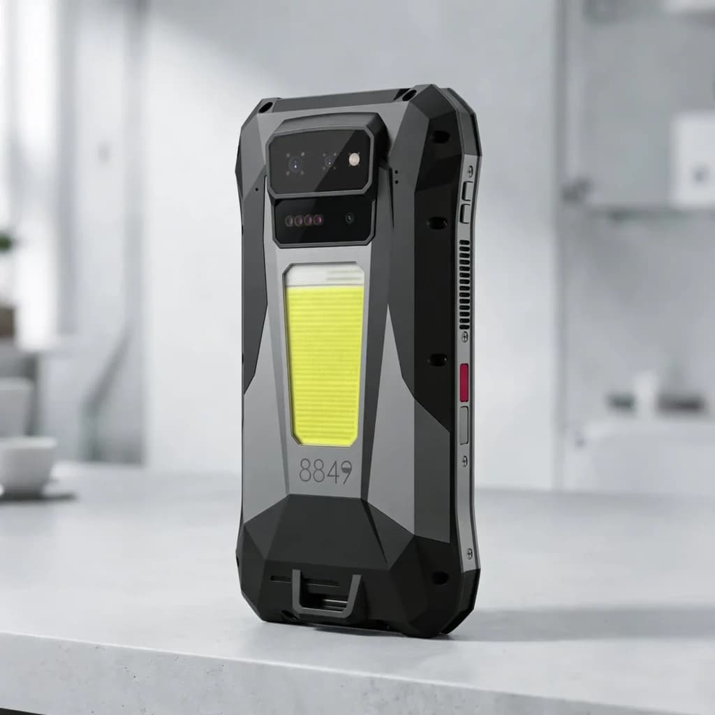 Unihertz 8849 Tank X 5G robuste, coque angulaire noire et grise, grand module photo arrière, large module LED central, ports latéraux et bouton rouge
