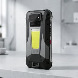 Unihertz 8849 Tank X 5G robuste, coque angulaire noire et grise, grand module photo arrière, large module LED central, ports latéraux et bouton rouge