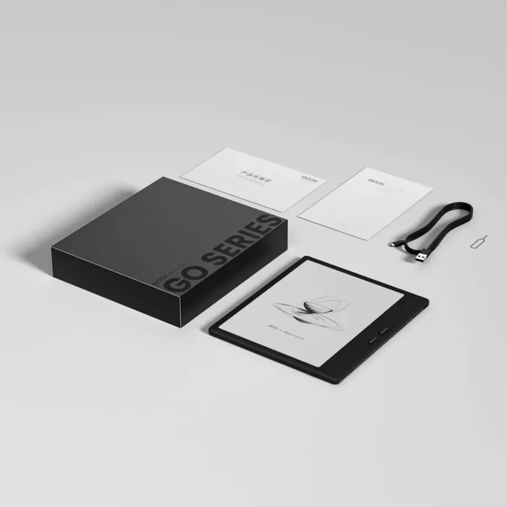 BOOX Go Color 7 Gen II 64GB com tela e-ink Kaleido 3, moldura fina, botões laterais. Acompanha caixa, manuais, cabo USB e ferramenta de ejeção.