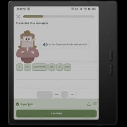 Tela E Ink Kaleido 3 colorida de 7 pol com interface Android 13, botões laterais físicos, moldura preta, 64GB, exibe app educacional com ícones nítidos