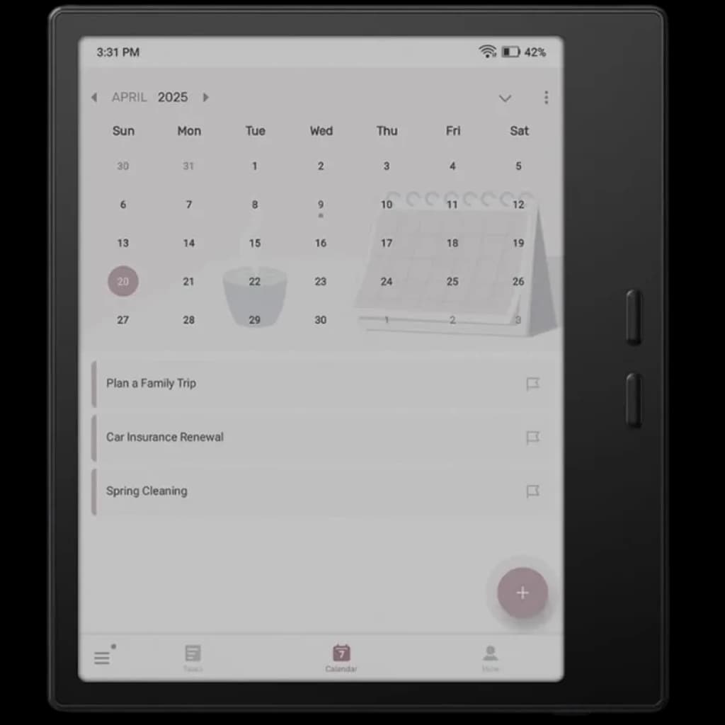 BOOX Go Color 7 Gen II com tela E Ink Kaleido 3 colorida, 7 pol, botões laterais físicos, interface Android 13 exibindo calendário e lista de tarefas