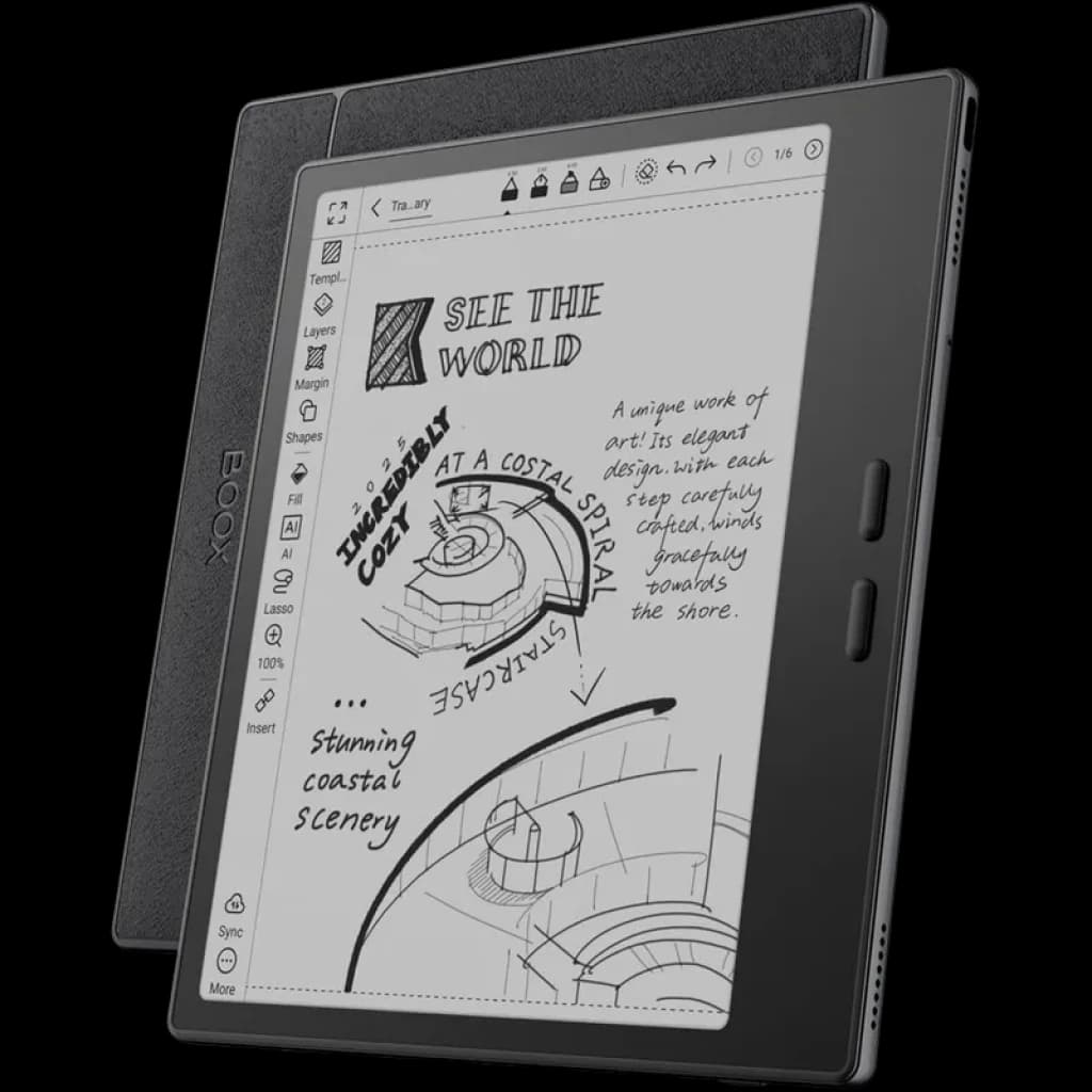Tablet ePaper preto com tela E Ink Carta 1300 de 7 polegadas, botões laterais, capa protetora e interface Android 13 exibindo notas e desenhos em preto e