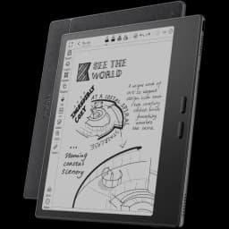 Tablet ePaper preto com tela E Ink Carta 1300 de 7 polegadas, botões laterais, capa protetora e interface Android 13 exibindo notas e desenhos em preto e